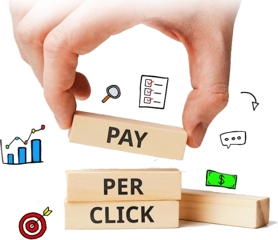 A hand holding one block of Pay Per Click marketing service with some PPC elements by its side