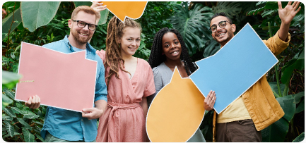 Group of digital marketing experts holding empty cutouts of different shapes