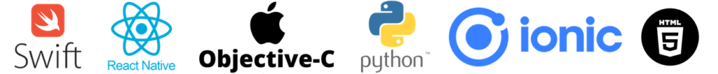 Icons of app development technologies: Swift, React Native, Objective-C, Python, IONIC, and HTML5