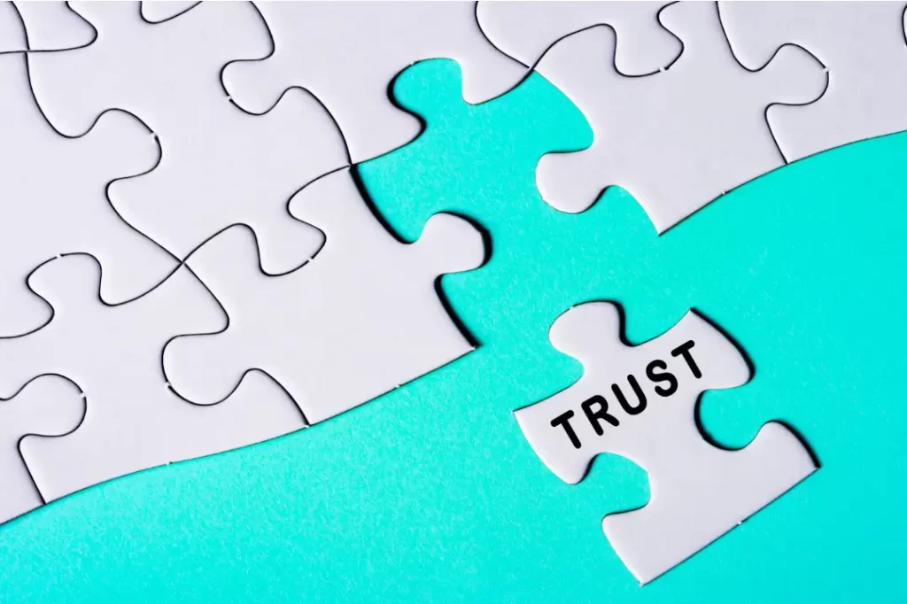 Puzzle pieces with "trust" written on one of them.