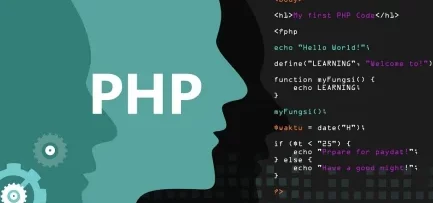 Two faces with PHP written on them and PHP code in the background