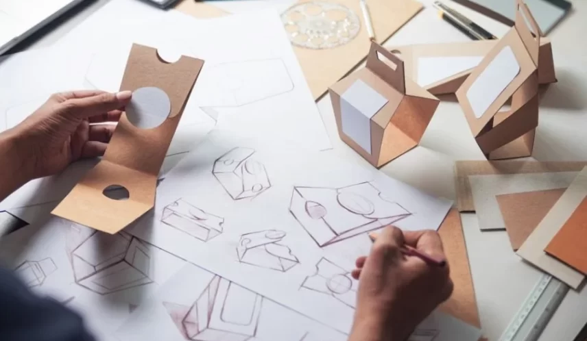 A person is designing figures on white paper and holding a cardboard box design.