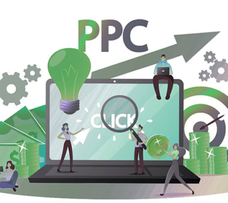 An illustration showing people working on a laptop with PPC in the background