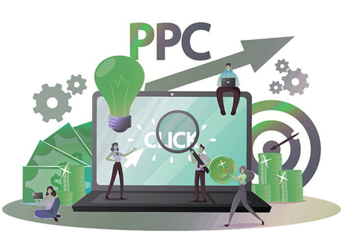 An illustration showing people working on a laptop with PPC in the background
