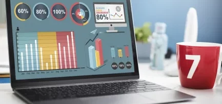 A laptop displaying different types of growth charts and a coffee mug placed beside it