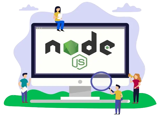 Four developers working on a project and a big desktop screen displaying NodeJS logo