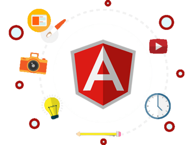AngularJS logo being displayed in middle with YouTube, camera, idea, and clock icons floating nearby