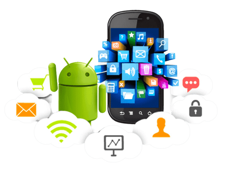 Android logo standing in front of a mobile device with logos of different services being displayed beside it.