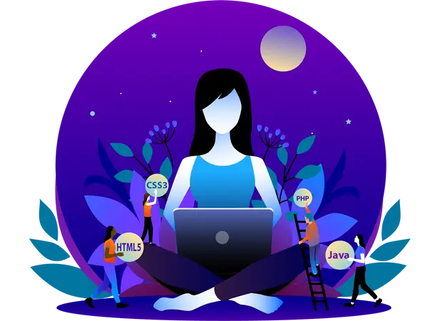 A woman working on a laptop at night and other people holding bubbles of different framework langauges