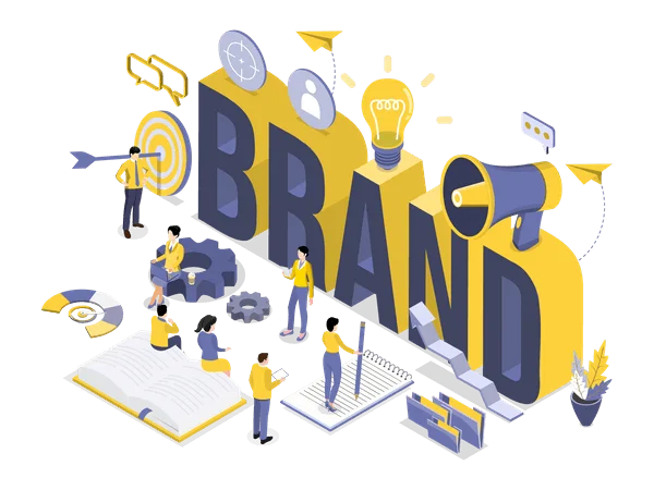 A branding services illustration showing different marketers working on a project