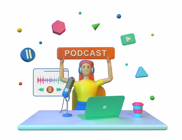 A girl sitting on a with a laptop and mic in front of her and she is holding a podcast banner