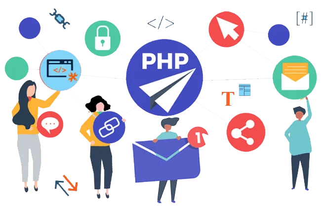 Four PHP web developers working on different projects. One holding email, another website, and different services in circle