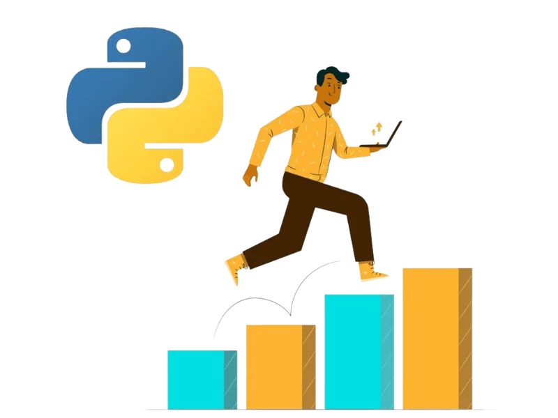 A person climbing the ladder of growth bars with a Python logo in the background