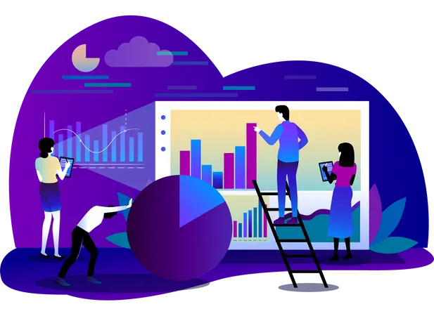 Four SEO experts working on a project on with pie chart, one on the graph, one observing results and one crafting strategies