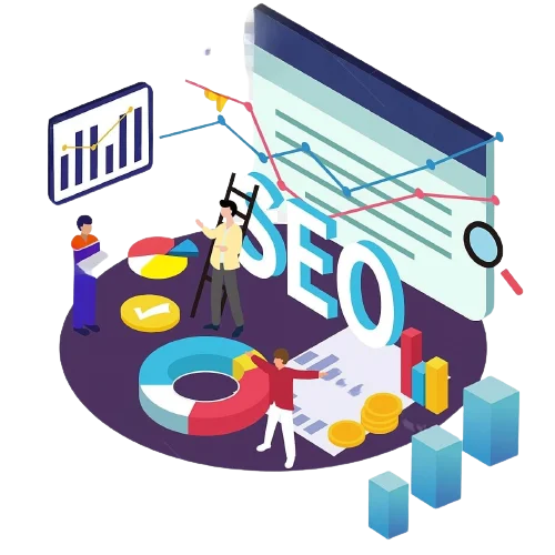 SEO campaign showing results in different formats and three people observing them