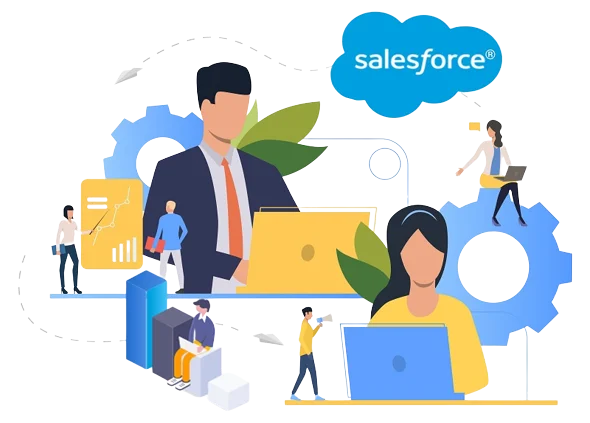 A team of 6 Salesforce developers working on different platforms with Salesforce logo in the background