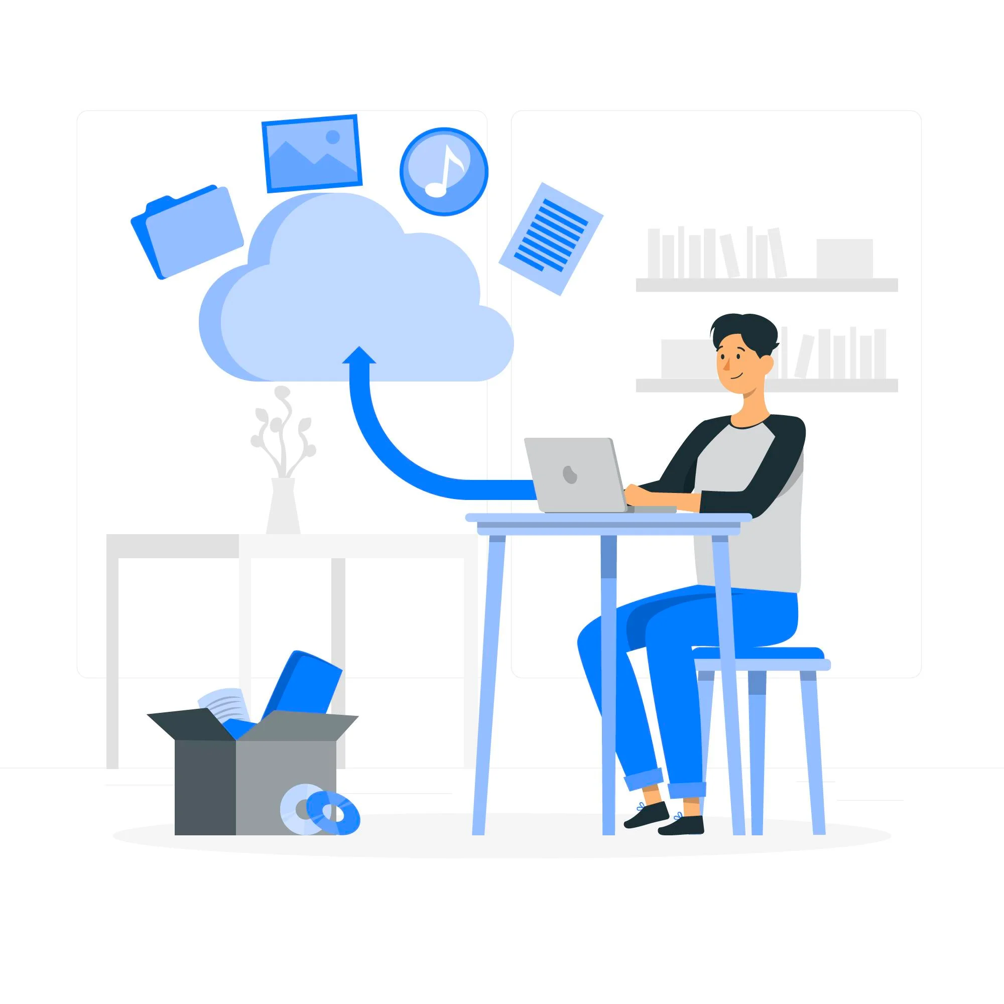 A person working on laptop which is connected to cloud services with different services icon