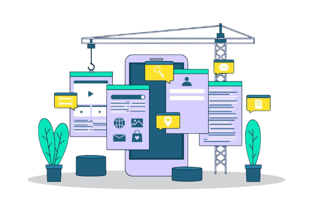 An illustration showing development of application with some trees and construction machinery