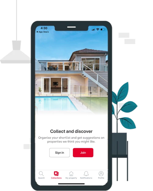 A mobile phone displaying discover features of a real estate app