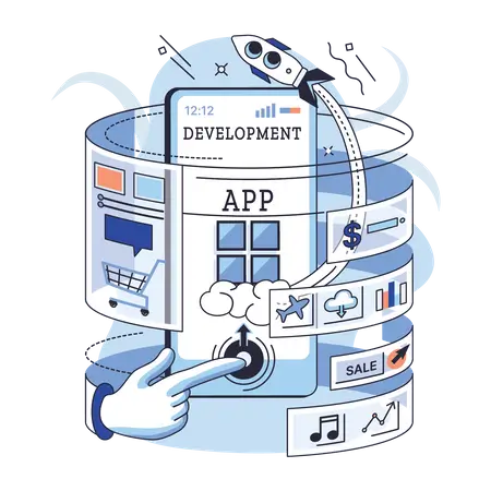 A finger clicking a button of a machine which is working on an app development project with different elements floating by