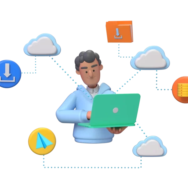 A man working on his laptop and different app icons including messages, downloads and files connected to the laptop through cloud with a dotted line