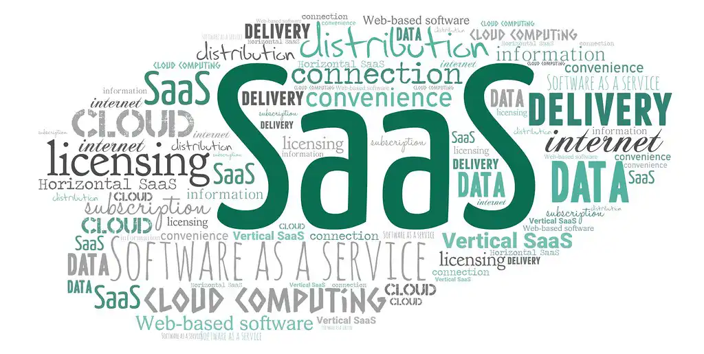 A cloud of words made up of SaaS acronyms and related terminology including cloud computing, software as a service, data, licensing and more