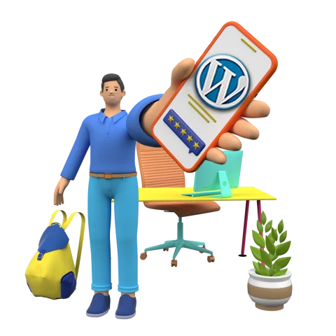 a man holding a smart phone in his hand with WordPress logo on the screen of the smartphone and a desk, computer and a chair in the background