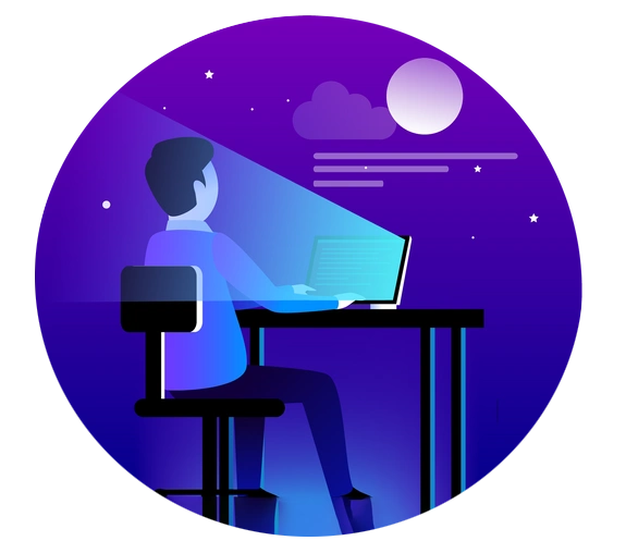 An illustration of a designer working on his laptop while light from the monitor is illuminating on his face.