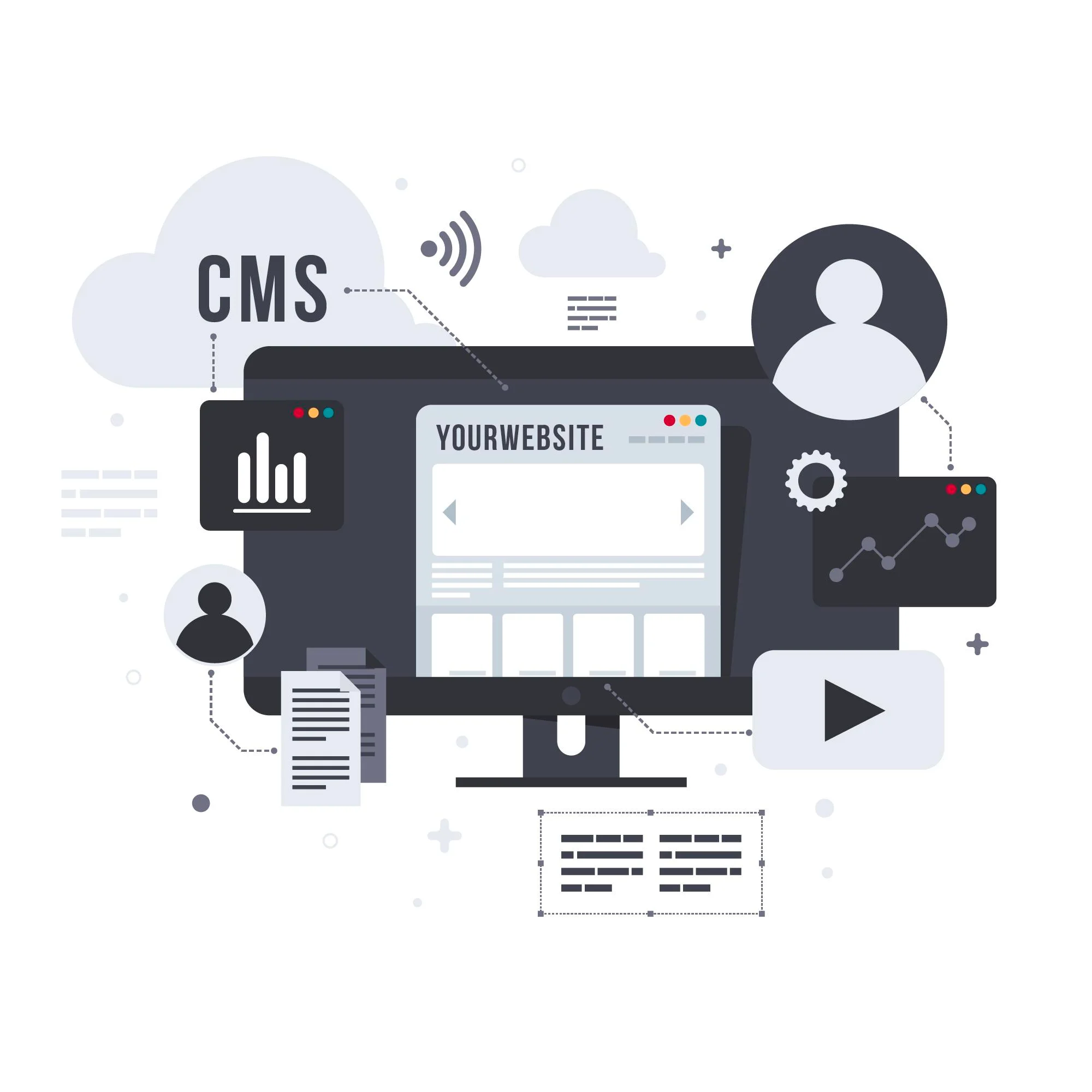 An illustration showing CMS website being developed on a monitor along with some website elements floating by