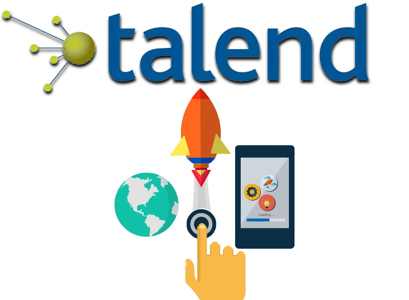 Talend logo displayed with a hand launching rocket between a mobile phone and earth