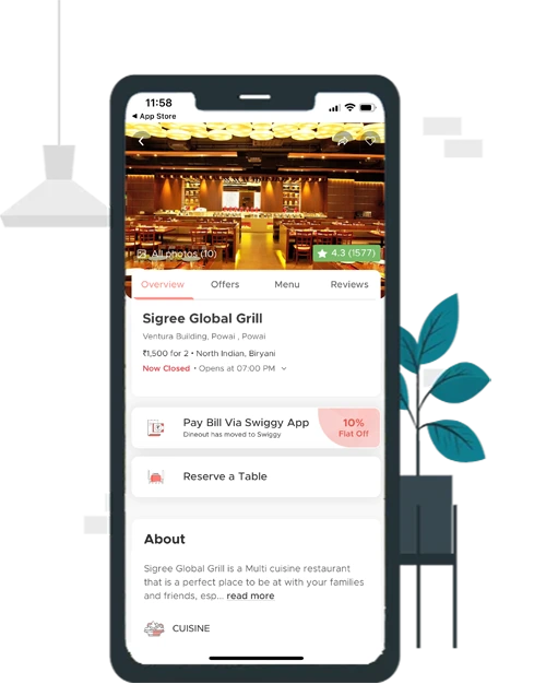 A mobile phone displaying a restaurant page inside a Food & Restaurant App