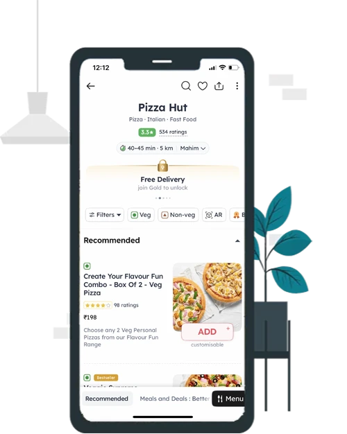 A mobile phone displaying a restaurant page inside a food delivery app