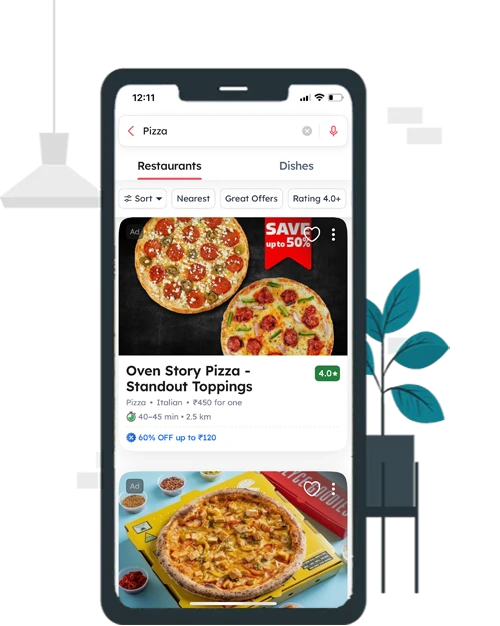 A mobile phone displaying available restaurants inside a food delivery app