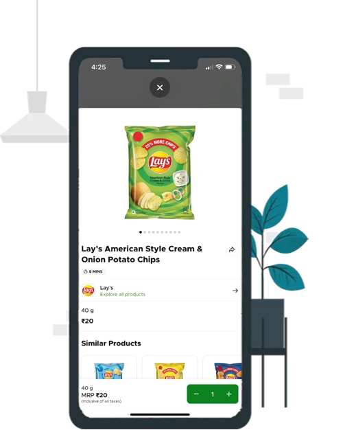 A mobile phone displaying pack of chips inside a grocery delivery app