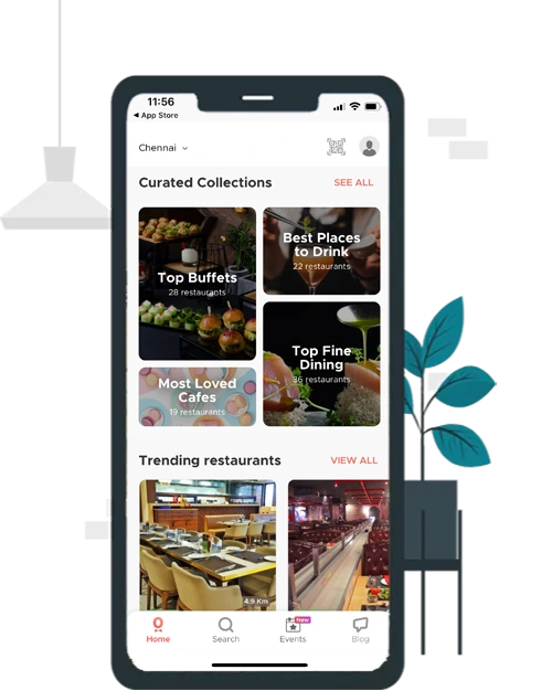 A mobile phone displaying the UI of a Food & Restaurant App