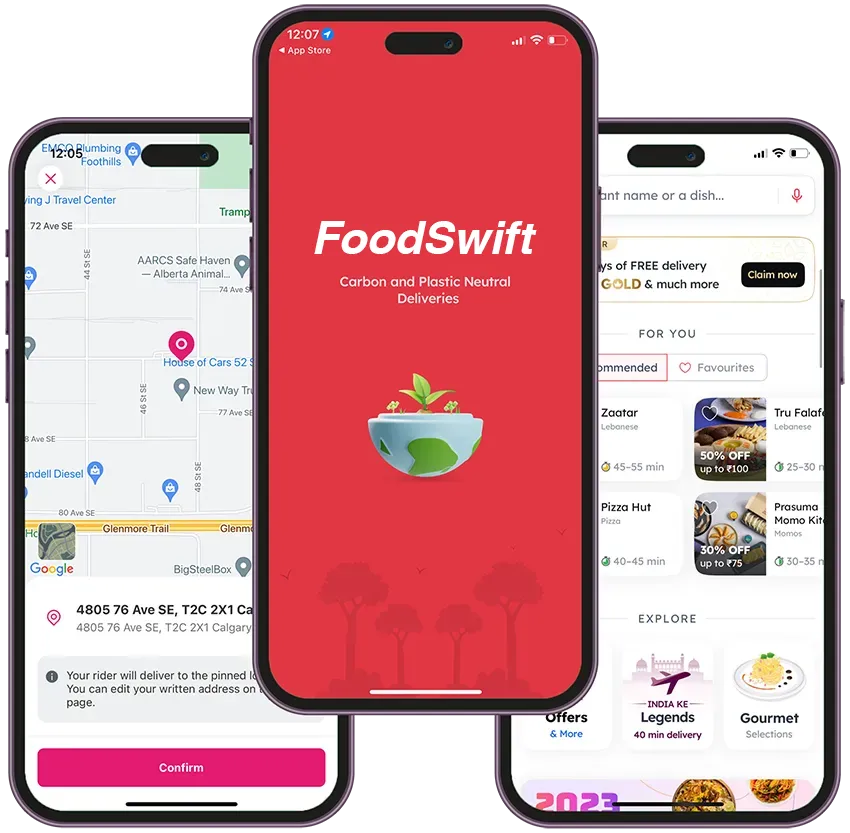 Three smartphones displaying the contents of a food delivery app