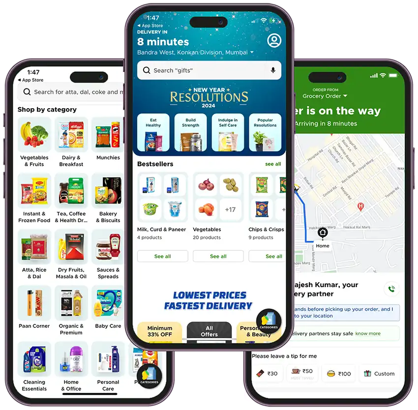 Three smartphones displaying the contents of a grocery delivery app