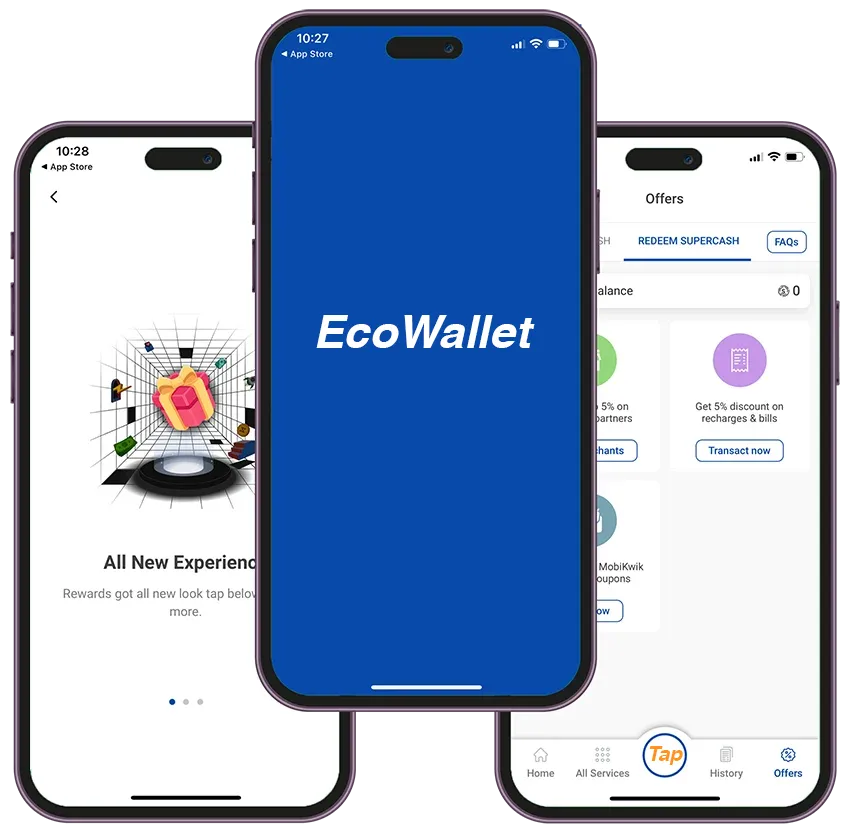 Three smartphones displaying the contents of an eWallet app