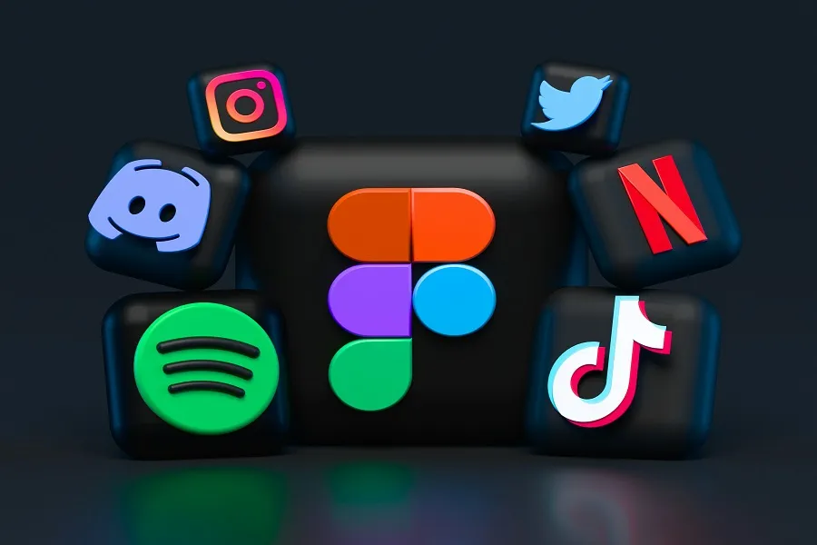 A group of black cubes with different social network icons