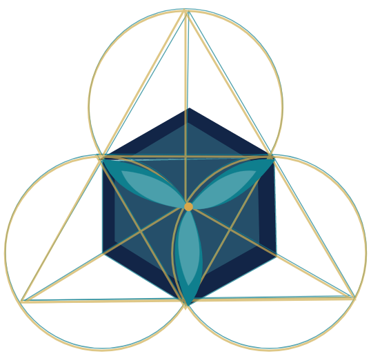 Two overlapping circles in navy and light green, with a floral design in the intersection, framed by a gold circle on a cream background