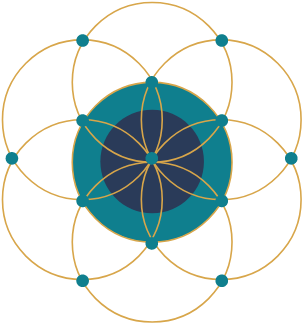 A geometric hexagon design with triangles and diamonds in navy blue, gold, and green for brands focused on search engine optimization