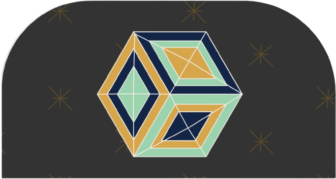 A geometric hexagon design with triangles and diamonds in navy blue, gold, and green