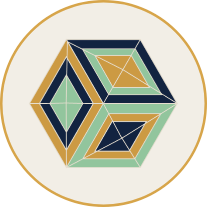 A geometric hexagon design featuring layered shapes in green, gold, navy, and beige, set against a light background
