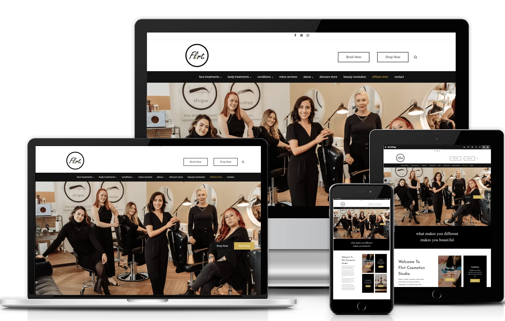 An image showing Flirt Cosmetics Studio website on different devices
