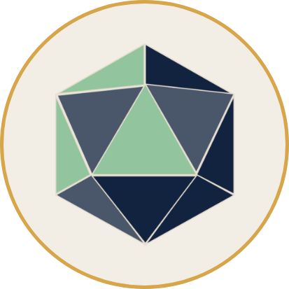 Geometric illustration of a polyhedron featuring green and dark blue triangular faces inside a circular border