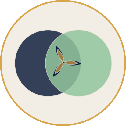 Stylized geometric logo featuring a three-dimensional polyhedron with triangular faces in shades of green and blue, outlined in white