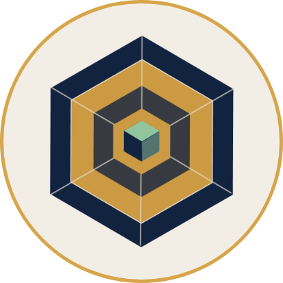 A hexagonal geometric pattern with alternating gold, dark blue, and gray layers surround a green cube at the center