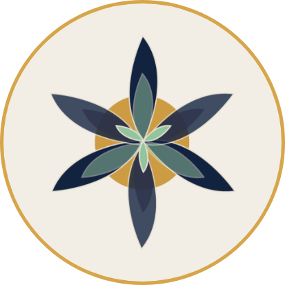 A geometric floral pattern with overlapping navy, green, and gold petals arranged in a circular design