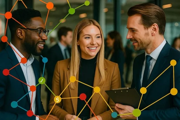 A group of three professionals engage in discussion, surrounded by colorful network graphics representing connections and ideas