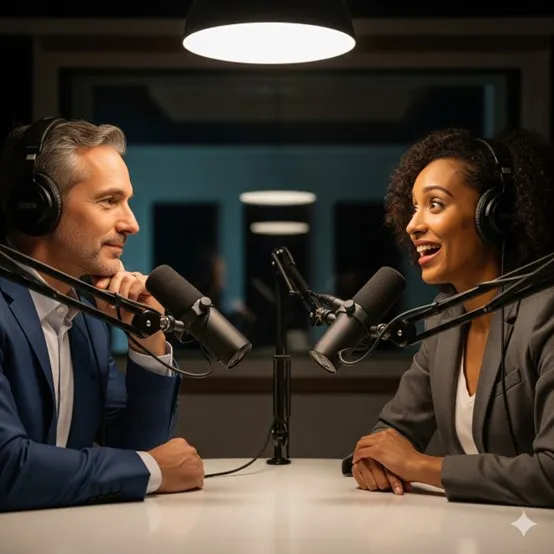 A man and a woman in headphones engage in a podcast discussion, with microphones positioned in front of them, in a well-lit studio setting